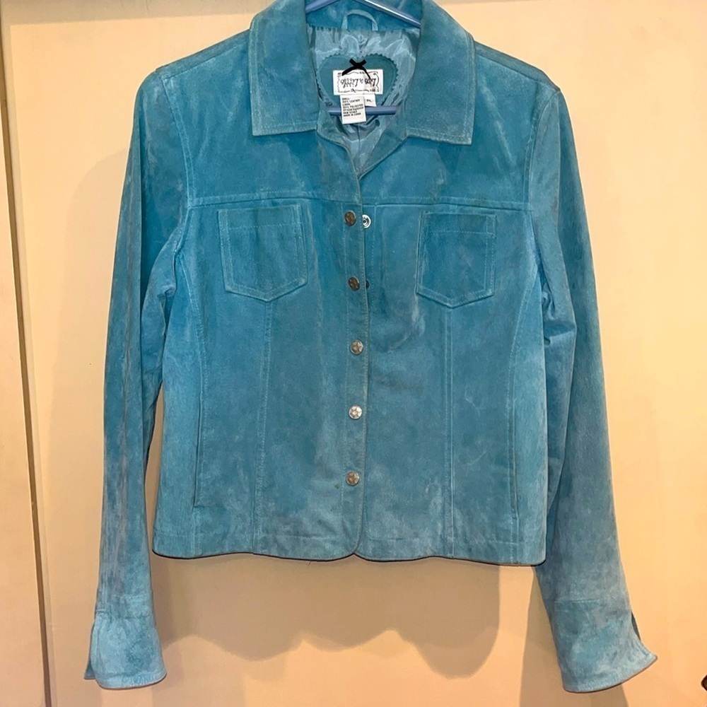 Live a little ladies petit large suede teal blue jacket